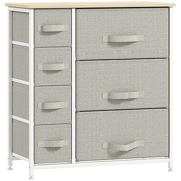 Homcom Kommode 1-teilig - Hellgrau, Anzahl Schubladen: 7 Stk. - Hellgraue Stoffkommode mit weißem Metallrahmen und heller Holzplatte, bietet vielseitigen Stauraum.