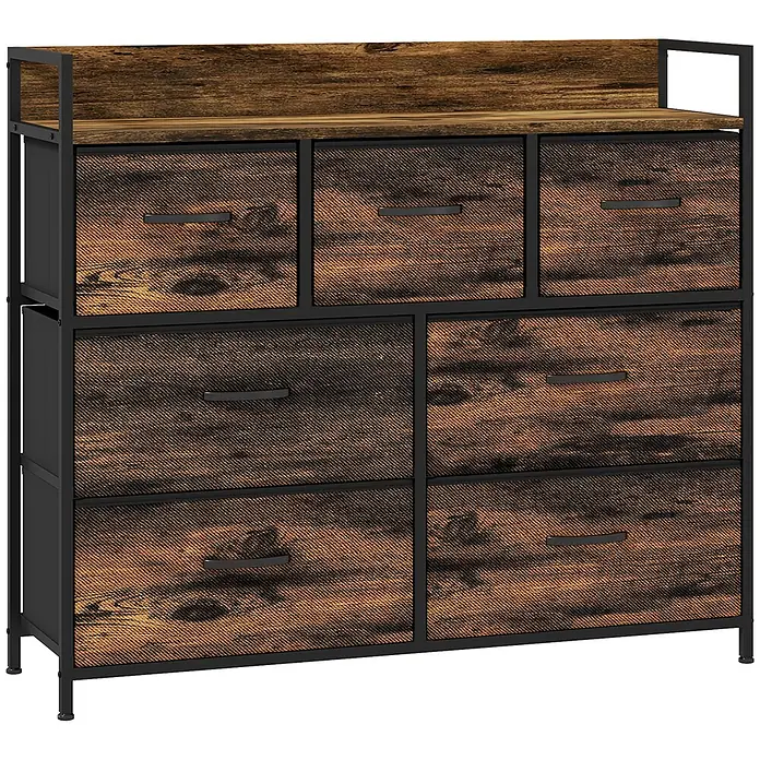 Homcom Kommode 1-teilig - Rustikalbraun, schwarz, Anzahl Schubladen: 7 Stk. - Rustikale braune Kommode mit schwarzem Metallrahmen und sieben Stoffschubladen mit Holzmaserung und dunklen Griffen.