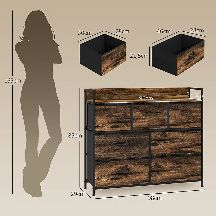 Homcom Kommode 1-teilig - Rustikalbraun, schwarz, Anzahl Schubladen: 7 Stk. - Industrielle Kommode mit Metallrahmen, rustikalbraunen Stoffschubladen, Holzplatte. Maße: 98x29x85cm; mit Person zur Größenveranschaulichung.
