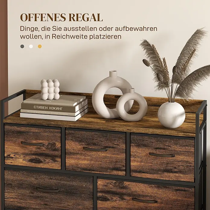 Homcom Kommode 1-teilig - Rustikalbraun, schwarz, Anzahl Schubladen: 7 Stk. - Rustikales offenes Regal mit schwarzem Metallrahmen und strukturierten Stoffschubladen, zum Präsentieren und Aufbewahren.