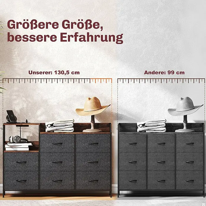 Homcom Kommode 1-teilig - L x B x H: 130,5 x 30 x 88 cm, Rustikal-Braun + Schwarz, Anzahl Schubladen: 8 Stk. - Zwei dunkelgraue Stoffkommoden, 130,5 cm und 99 cm breit, zum Größenvergleich dargestellt.