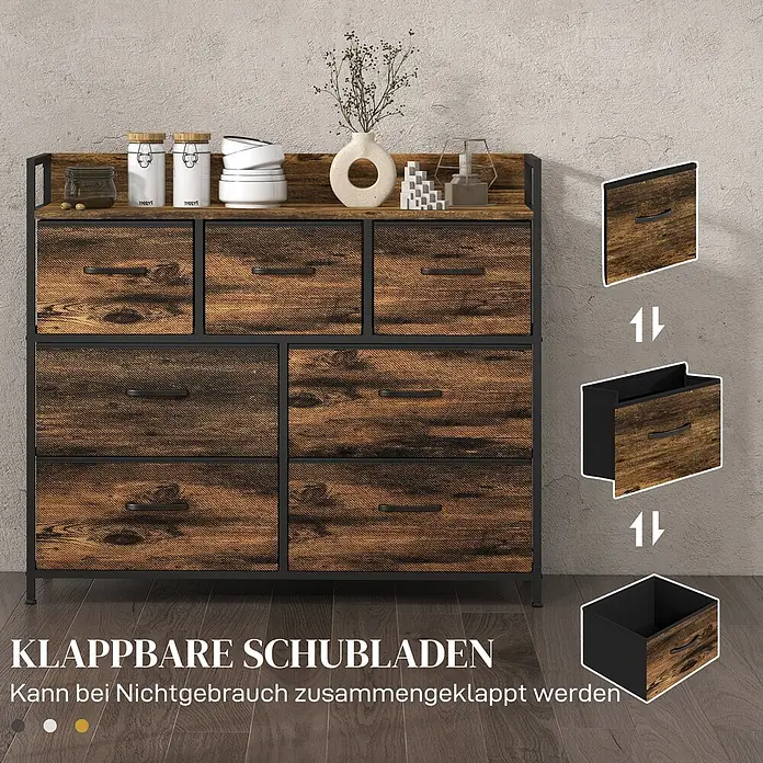 Homcom Kommode 1-teilig - Rustikalbraun, schwarz, Anzahl Schubladen: 7 Stk. - Rustikale Kommode mit Holzoptik-Ablagen, schwarzem Rahmen und braunen Stoffschubladen. Die faltbaren Schubladen werden gezeigt.
