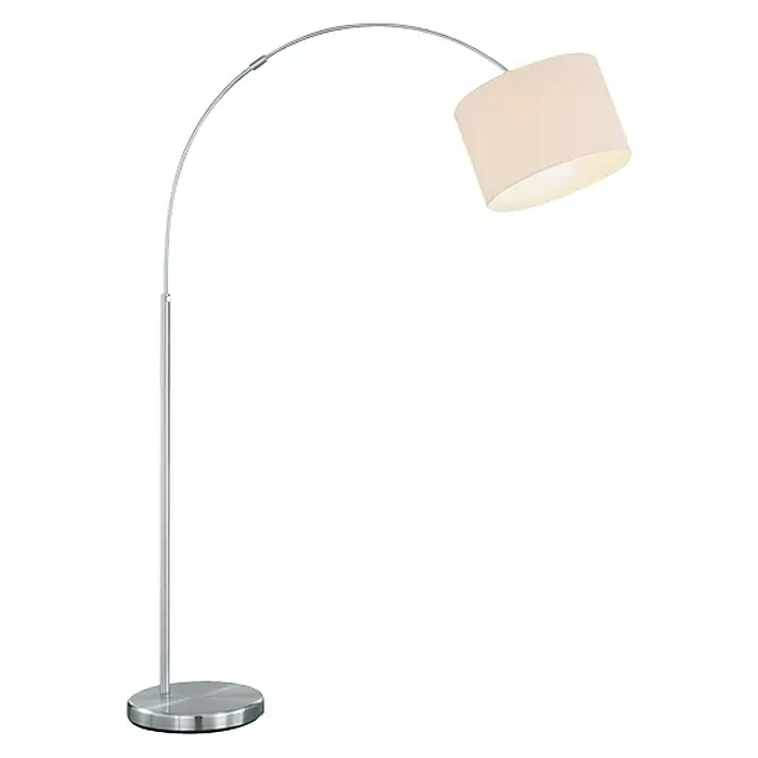Trio Lighting Lámpara de pie Hotel - 60 W, Altura: 215 cm, Plateado, E27 - Lámpara de pie con estructura curva plateada y pantalla cilíndrica blanca que emite una luz cálida, perfecta para espacios modernos.