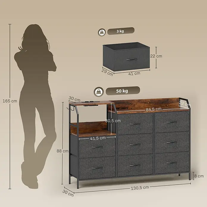 Homcom Kommode 1-teilig - L x B x H: 130,5 x 30 x 88 cm, Rustikal-Braun + Schwarz, Anzahl Schubladen: 8 Stk. - Dunkelgraue Stoffkommode mit rustikaler Holzplatte und schwarzem Metallrahmen, inklusive Seitenregal. Eine 165 cm große Person dient als Maßstab.