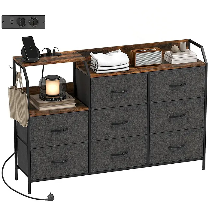 Homcom Kommode 1-teilig - L x B x H: 130,5 x 30 x 88 cm, Rustikal-Braun + Schwarz, Anzahl Schubladen: 8 Stk. - Kommode in Rostbraun und Dunkelgrau mit Stoffschubladen, schwarzem Metallrahmen, Ablagen und integrierter Steckdosenleiste.