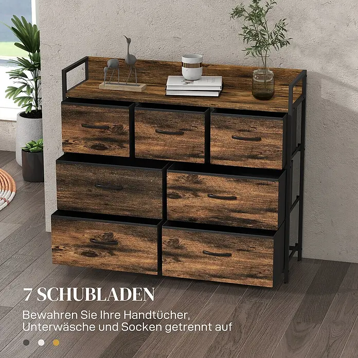 Homcom Kommode 1-teilig - Rustikalbraun, schwarz, Anzahl Schubladen: 7 Stk. - Kommode mit 7 Schubladen in rustikaler Holzoptik und schwarzem Metallrahmen zur organisierten Aufbewahrung.