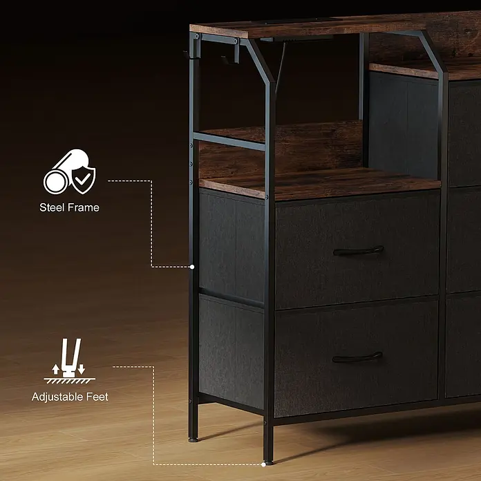 Homcom Kommode 1-teilig - L x B x H: 130,5 x 30 x 88 cm, Rustikal-Braun + Schwarz, Anzahl Schubladen: 8 Stk. - Eine dunkelbraune und schwarze Kommode mit stabilem Stahlrahmen und verstellbaren Füßen, mit Stoffschubladen und Holzablagen.