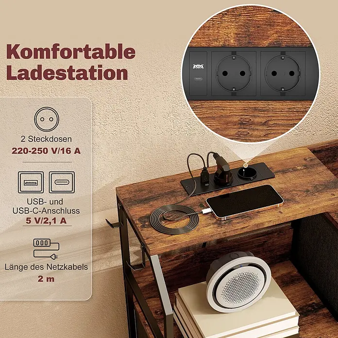 Homcom Kommode 1-teilig - L x B x H: 130,5 x 30 x 88 cm, Rustikal-Braun + Schwarz, Anzahl Schubladen: 8 Stk. - Rustikaler Beistelltisch mit integrierter Ladestation: 2 Steckdosen (220-250V/16A) und USB-A/USB-C (5V/2,1A).