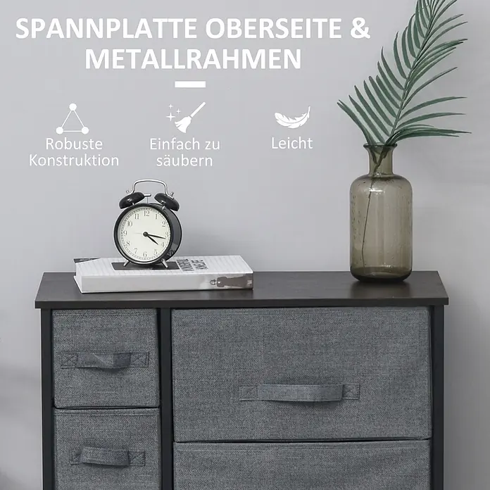 Homcom Kommode 1-teilig - Dunkelgrau, Anzahl Schubladen: 7 Stk. - Graue Stoffkommode mit dunkler Holzplatte und schwarzem Metallrahmen, ideal für vielseitigen Stauraum.