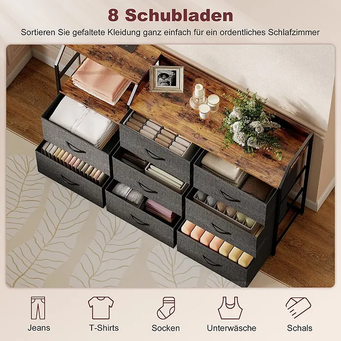 Homcom Kommode 1-teilig - L x B x H: 130,5 x 30 x 88 cm, Rustikal-Braun + Schwarz, Anzahl Schubladen: 8 Stk. - Eine Kommode aus rustikalem Holz und schwarzem Metall mit 8 dunkelgrauen Stoffschubladen, die gefaltete Kleidung ordentlich im Schlafzimmer organisiert.
