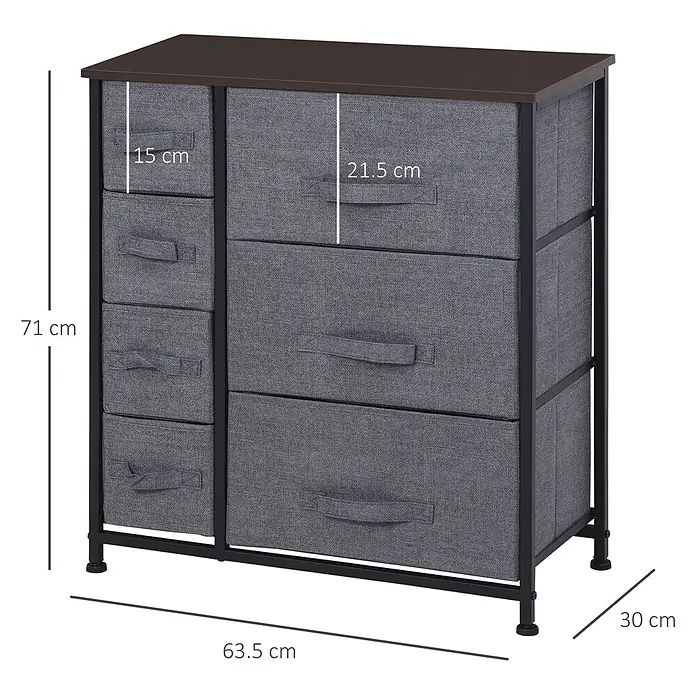 Homcom Kommode 1-teilig - Dunkelgrau, Anzahl Schubladen: 7 Stk. - Graue Stoffkommode mit dunkelbrauner Platte und schwarzem Metallrahmen, 7 Schubladen in verschiedenen Größen. Maße: 71x63,5x30 cm.