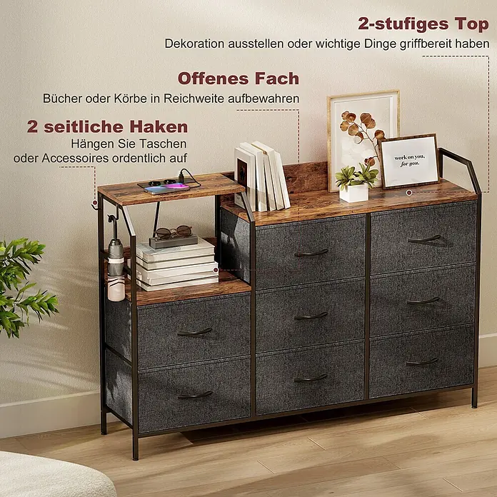 Homcom Kommode 1-teilig - L x B x H: 130,5 x 30 x 88 cm, Rustikal-Braun + Schwarz, Anzahl Schubladen: 8 Stk. - Kohlegraue Stoffkommode mit 6 Schubladen, rustikaler Holzplatte und offenem Fach, plus zwei Seitenhaken. Ideal für Aufbewahrung und Dekoration.