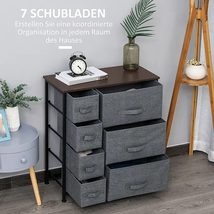 Homcom Kommode 1-teilig - Dunkelgrau, Anzahl Schubladen: 7 Stk. - 7-Schubladen-Stoffkommode mit brauner Oberplatte und schwarzem Rahmen, bietet koordinierte Organisation in einem modernen Raum.
