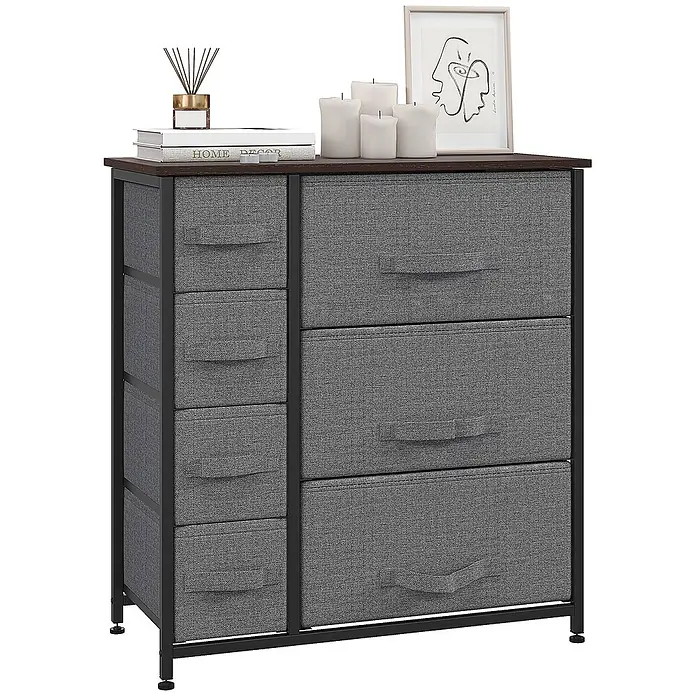 Homcom Kommode 1-teilig - Dunkelgrau, Anzahl Schubladen: 7 Stk. - Graue Stoffkommode mit dunkelbrauner Holzplatte und schwarzem Metallrahmen, mit 8 Schubladen.