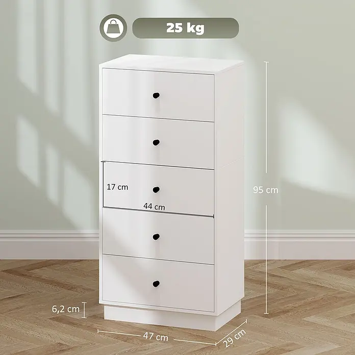 Homcom Kommode 1-teilig - L x B x H: 47 x 29 x 95 cm, Weiß, Anzahl Schubladen: 5 Stk. - Weiße Kommode mit 5 Schubladen und schwarzen Knöpfen. Maße: 95x47x29 cm, Gewicht: 25 kg.