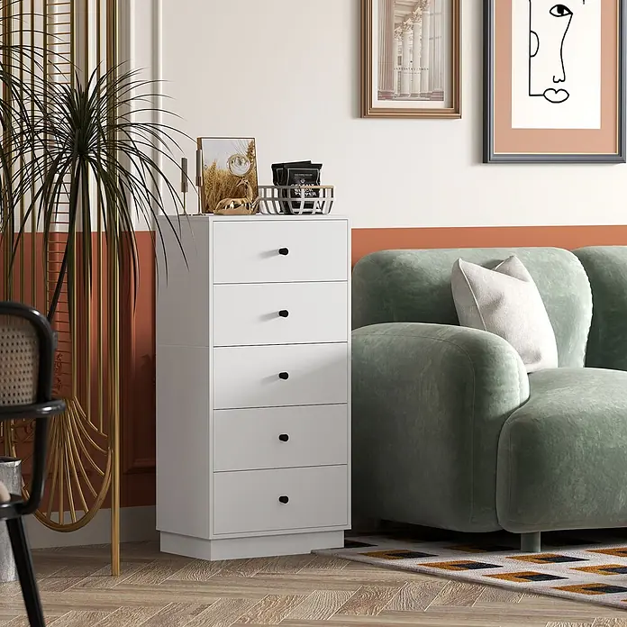 Homcom Kommode 1-teilig - L x B x H: 47 x 29 x 95 cm, Weiß, Anzahl Schubladen: 5 Stk. - Weißer Hochschrank mit 5 Schubladen und schwarzen Knöpfen, ideal für vertikalen Stauraum in einem modernen Wohnraum.