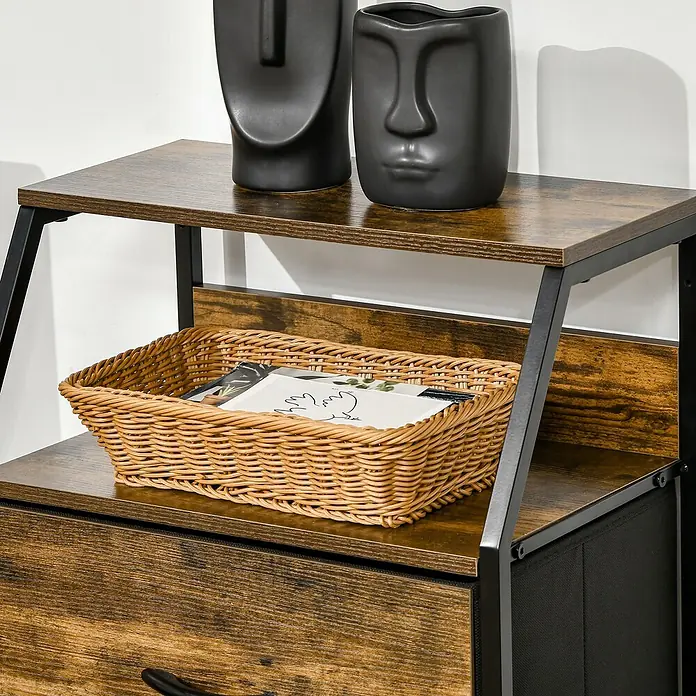 Homcom Kommode 1-teilig - L x B x H: 44 x 29 x 92 cm, Braun, Anzahl Schubladen: 3 Stk. - Regal aus rustikalem braunem Holz und schwarzem Metall mit Weidenkorb und schwarzer Stoffschublade zur Aufbewahrung.