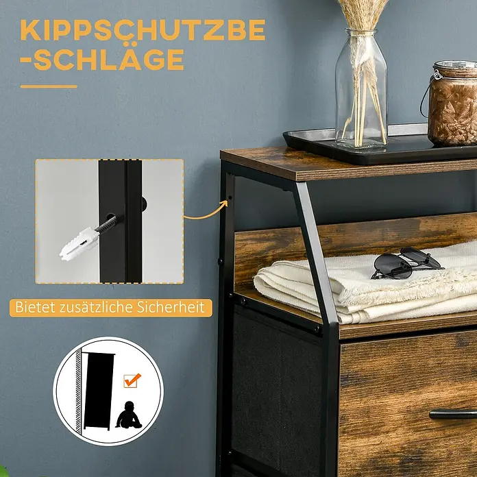 Homcom Kommode 1-teilig - L x B x H: 44 x 29 x 92 cm, Braun, Anzahl Schubladen: 3 Stk. - Rustikaler brauner und schwarzer Industrial-Beistelltisch mit Regalen und Schublade. Zeigt Kippschutzbeschläge, an der Wand befestigt für Kindersicherheit.