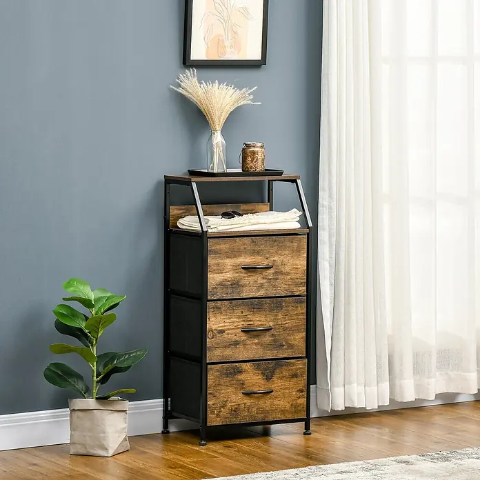 Homcom Kommode 1-teilig - L x B x H: 44 x 29 x 92 cm, Braun, Anzahl Schubladen: 3 Stk. - Eine rustikale braune und schwarze Kommode im Industriestil mit Metallrahmen, Holzoptik-Schubladen und Stoffbehältern für vielseitigen Stauraum.