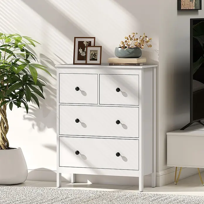 Homcom Kommode 1-teilig - L x B x H: 74 x 35 x 97 cm, Weiß, Anzahl Schubladen: 4 Stk. - Weiße Kommode mit vier Schubladen und schwarzen Knöpfen, zur Aufbewahrung in einem modernen Wohnraum.