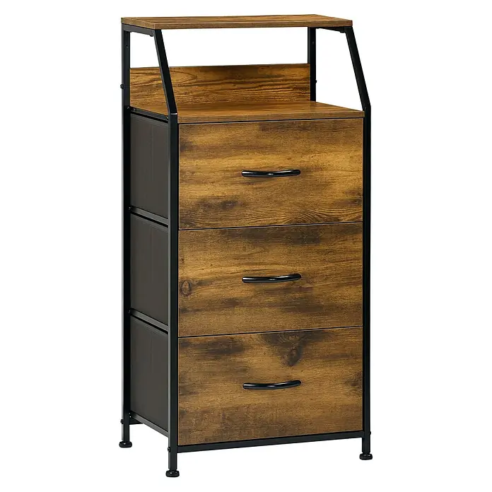 Homcom Kommode 1-teilig - L x B x H: 44 x 29 x 92 cm, Braun, Anzahl Schubladen: 3 Stk. - Industrieller Beistellschrank mit Schubladen in Holzoptik, schwarzem Metallrahmen und dunklen Stofffächern.