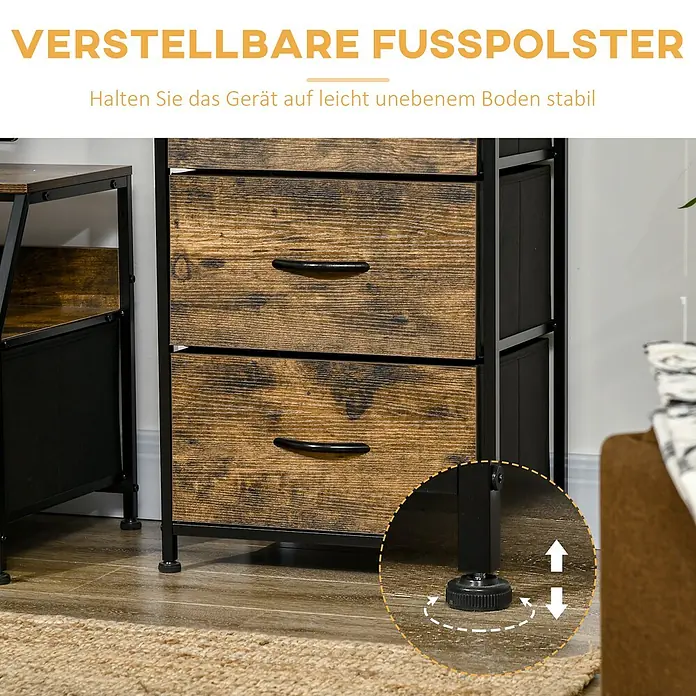 Homcom Kommode 1-teilig - L x B x H: 44 x 29 x 92 cm, Braun, Anzahl Schubladen: 3 Stk. - Braune Kommode in Holzoptik mit schwarzem Metallrahmen und verstellbaren Füßen für Stabilität auf unebenem Boden.
