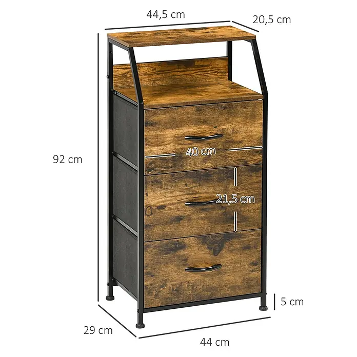 Homcom Kommode 1-teilig - L x B x H: 44 x 29 x 92 cm, Braun, Anzahl Schubladen: 3 Stk. - Industrielle Kommode in rustikalem Braun mit schwarzem Metallrahmen, einer oberen Ablage und drei schwarzen Stoffschubladen.