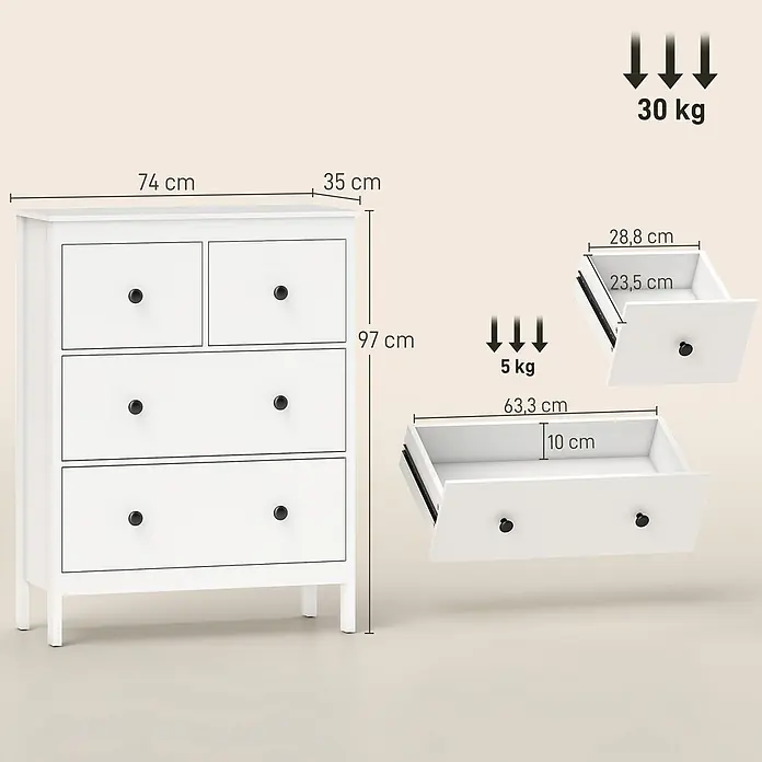 Homcom Kommode 1-teilig - L x B x H: 74 x 35 x 97 cm, Weiß, Anzahl Schubladen: 4 Stk. - Weiße Kommode mit 5 Schubladen und schwarzen Knöpfen, 74x35x97 cm. Deckplatte 30 kg, jede Schublade 5 kg.