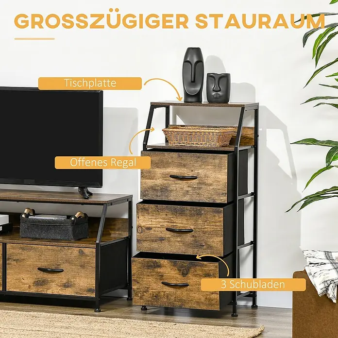Homcom Kommode 1-teilig - L x B x H: 44 x 29 x 92 cm, Braun, Anzahl Schubladen: 3 Stk. - Rustikale Kommode mit 3 Schubladen und offenem Regal, aus Altholz und schwarzem Metallgestell.