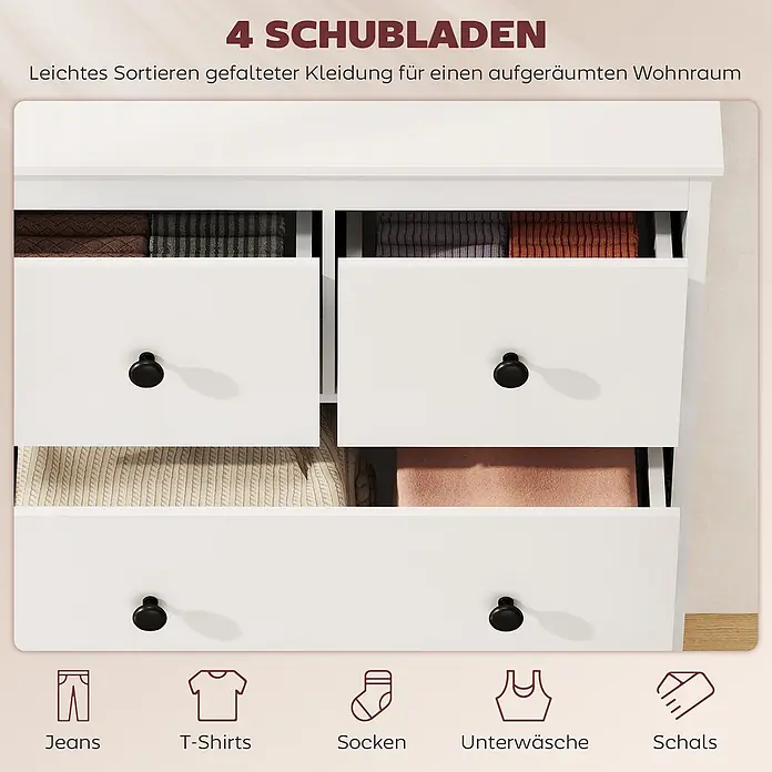 Homcom Kommode 1-teilig - L x B x H: 74 x 35 x 97 cm, Weiß, Anzahl Schubladen: 4 Stk. - Weiße Kommode mit 4 Schubladen, die teilweise geöffnet sind und gefaltete Kleidung für ordentliche Aufbewahrung zeigen.