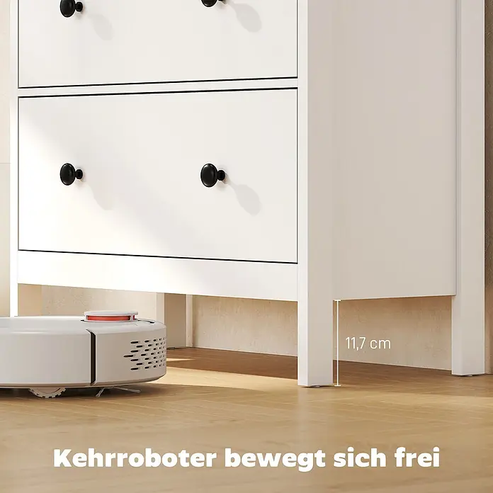 Homcom Kommode 1-teilig - L x B x H: 74 x 35 x 97 cm, Weiß, Anzahl Schubladen: 4 Stk. - Weißes Sideboard mit schwarzen Knöpfen, bietet 11,7 cm Freiraum für einen Roboterstaubsauger.