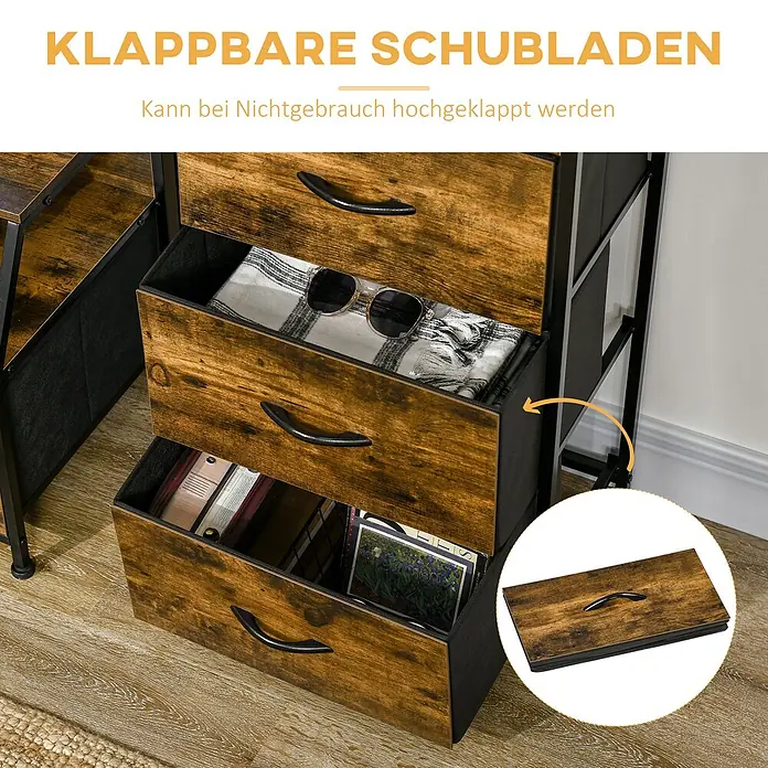 Homcom Kommode 1-teilig - L x B x H: 44 x 29 x 92 cm, Braun, Anzahl Schubladen: 3 Stk. - Rustikal-braune und schwarze faltbare Schubladeneinheit, offen mit Gegenständen. Einblendung zeigt eine Schublade flach gefaltet zur platzsparenden Lagerung.