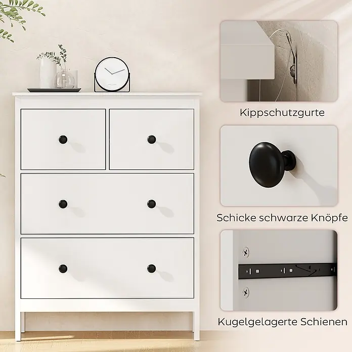 Homcom Kommode 1-teilig - L x B x H: 74 x 35 x 97 cm, Weiß, Anzahl Schubladen: 4 Stk. - Weiße Kommode mit eleganten schwarzen Knöpfen, Kippschutz und kugelgelagerten Schienen.
