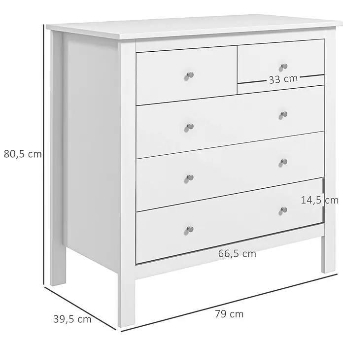 Homcom Kommode 1-teilig - L x B x H: 79 x 39,5 x 80,5 cm, Weiß, Anzahl Schubladen: 5 Stk. - Weiße Holzkommode, 80,5 cm H x 79 cm B x 39,5 cm T, mit 5 Schubladen: zwei kleinere oben, drei größere. Alle mit silbernen runden Knöpfen.