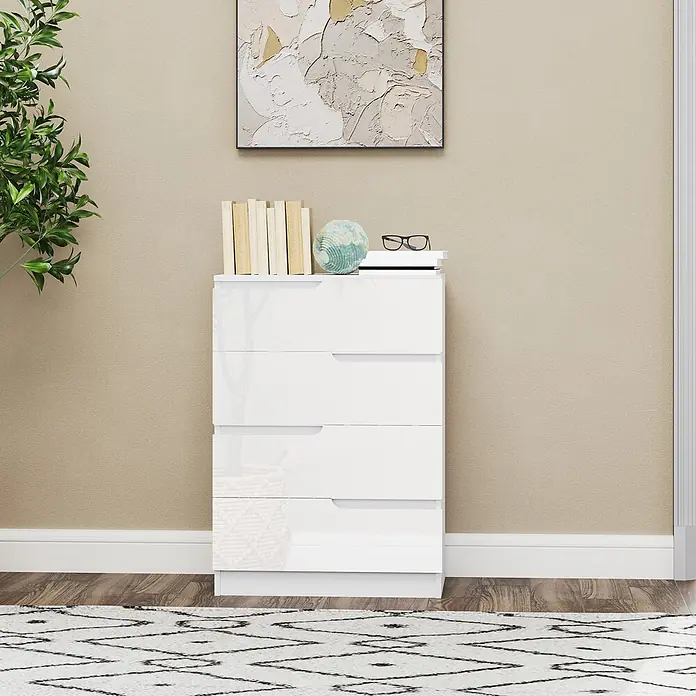 Homcom Kommode 1-teilig - L x B x H: 60 x 40 x 85 cm, Weiß, Anzahl Schubladen: 4 Stk. - Weißer Hochglanz-Kommode mit 4 Schubladen im modernen Raum, bietet Stauraum.