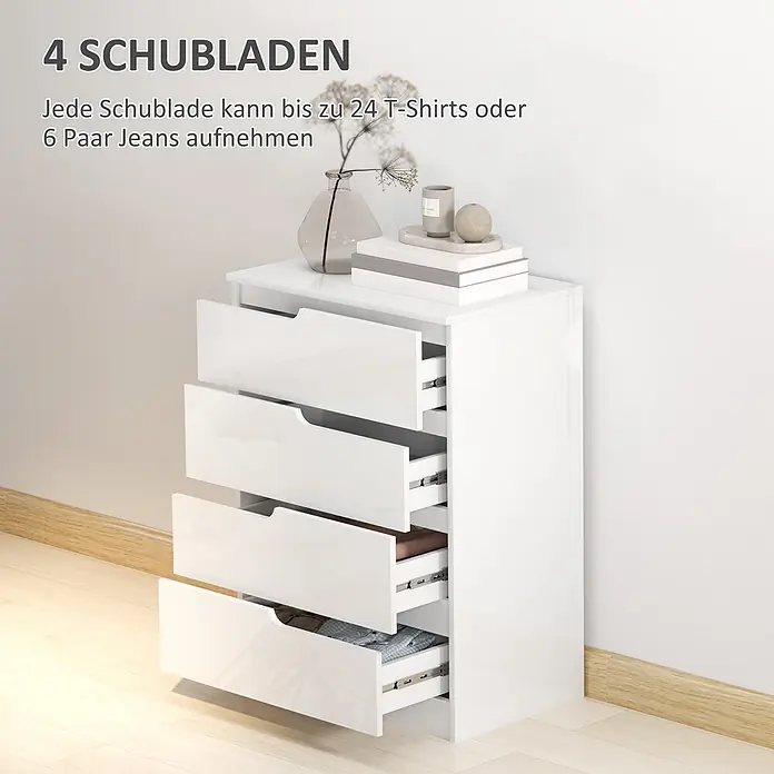 Homcom Kommode 1-teilig - L x B x H: 60 x 40 x 85 cm, Weiß, Anzahl Schubladen: 4 Stk. - Weiße Hochglanz-Kommode mit 4 Schubladen, leicht geöffnet mit Kleidung. Jede Schublade fasst 24 T-Shirts oder 6 Paar Jeans.