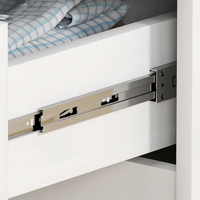 Homcom Kommode 1-teilig - L x B x H: 60 x 40 x 85 cm, Weiß, Anzahl Schubladen: 4 Stk. - Teilweise geöffnete weiße Schublade mit einer verchromten Schubladenführung und blau-grauem Karostoff darin.