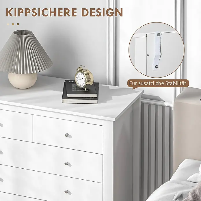 Homcom Kommode 1-teilig - L x B x H: 79 x 39,5 x 80,5 cm, Weiß, Anzahl Schubladen: 5 Stk. - Weiße Kommode mit silbernen Knöpfen im Schlafzimmer, mit Kippsicherung für erhöhte Stabilität.
