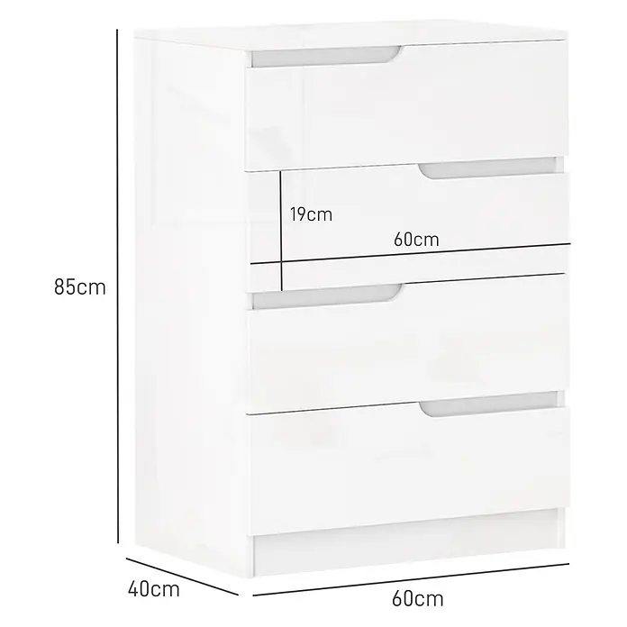 Homcom Kommode 1-teilig - L x B x H: 60 x 40 x 85 cm, Weiß, Anzahl Schubladen: 4 Stk. - Weißglänzende Kommode mit 5 Schubladen, 85x60x40cm (HxBxT). Eine Schublade ist 19cm hoch.