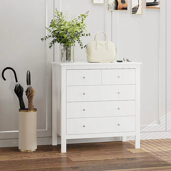 Homcom Kommode 1-teilig - L x B x H: 79 x 39,5 x 80,5 cm, Weiß, Anzahl Schubladen: 5 Stk. - Weiße Kommode mit fünf Schubladen, im Eingangsbereich neben einem Schirmständer.