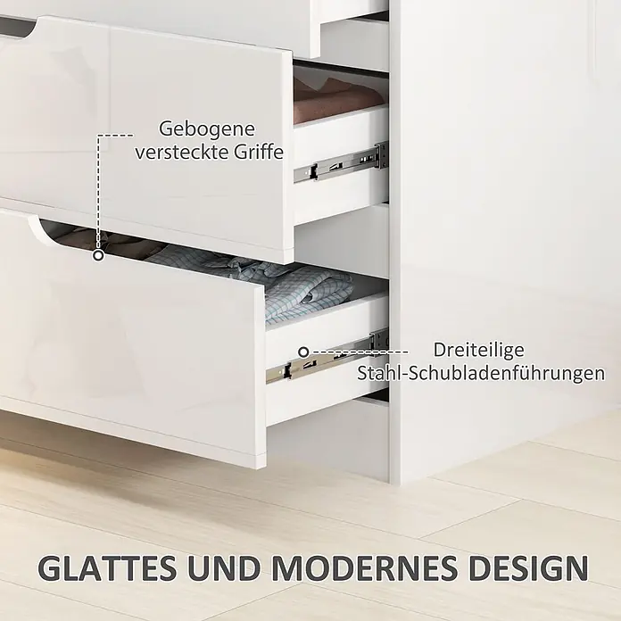 Homcom Kommode 1-teilig - L x B x H: 60 x 40 x 85 cm, Weiß, Anzahl Schubladen: 4 Stk. - Weiße Kommode mit geöffneten Schubladen, zeigt Stahlschienen und versteckte Griffe.