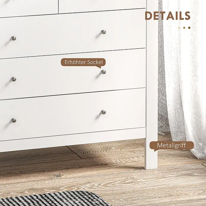 Homcom Kommode 1-teilig - L x B x H: 79 x 39,5 x 80,5 cm, Weiß, Anzahl Schubladen: 5 Stk. - Weiße Kommode mit silbernen Metallgriffen, mit erhöhtem Sockel.