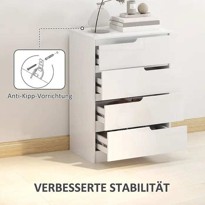 Homcom Kommode 1-teilig - L x B x H: 60 x 40 x 85 cm, Weiß, Anzahl Schubladen: 4 Stk. - Weiße, hochglänzende Kommode mit mehreren geöffneten Schubladen und einer Anti-Kipp-Vorrichtung für verbesserte Stabilität.