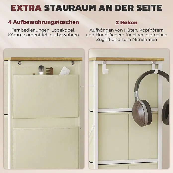 Homcom Kommode 1-teilig - L x B x H: 86 x 30 x 94,5 cm, Beige+Weiß+Naturholz, Anzahl Schubladen: 8 Stk. - Beigefarbene Stofftaschen und weiße Haken an der Seite eines Schranks bieten zusätzlichen Stauraum für kleine Gegenstände und Kopfhörer.