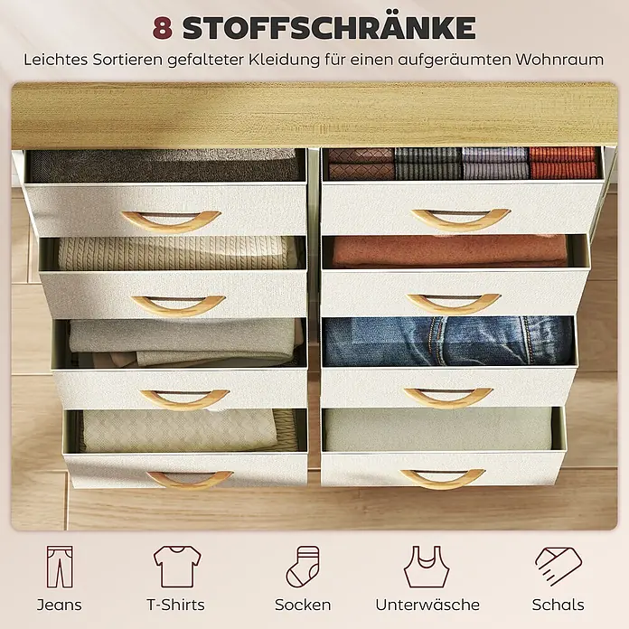 Homcom Kommode 1-teilig - L x B x H: 86 x 30 x 94,5 cm, Beige+Weiß+Naturholz, Anzahl Schubladen: 8 Stk. - Acht Stoffschubladen mit Holzgriffen zur Sortierung gefalteter Kleidung im Wohnzimmer.