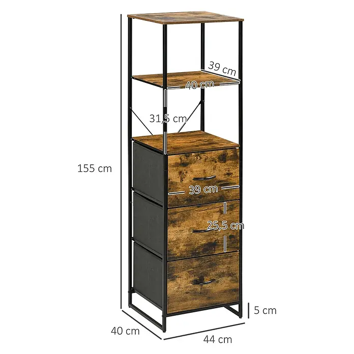 Homcom Kommode 1-teilig - L x B x H: 44 x 40 x 155 cm, Rustikalbraun, Anzahl Schubladen: 3 Stk. - Hohes rustikales Aufbewahrungsregal im Industriestil mit drei offenen Fächern, drei Schubladen in Holzoptik und drei grauen Stoffkörben.