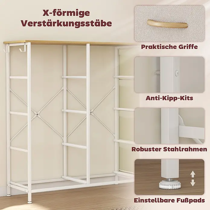 Homcom Kommode 1-teilig - L x B x H: 86 x 30 x 94,5 cm, Beige+Weiß+Naturholz, Anzahl Schubladen: 8 Stk. - Weißes Stahlregal mit Holzplatte, X-förmigen Verstrebungen, praktischen Griffen, Kippschutz und verstellbaren Füßen.