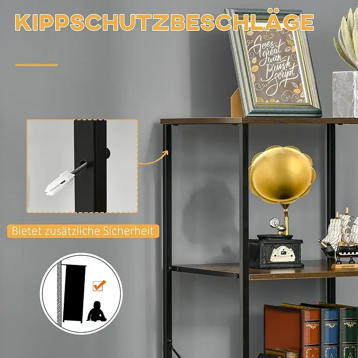 Homcom Kommode 1-teilig - L x B x H: 44 x 40 x 155 cm, Rustikalbraun, Anzahl Schubladen: 3 Stk. - Detailaufnahme eines Regals mit Kippschutz, der an der Wand befestigt ist, für erhöhte Stabilität und Kindersicherheit.