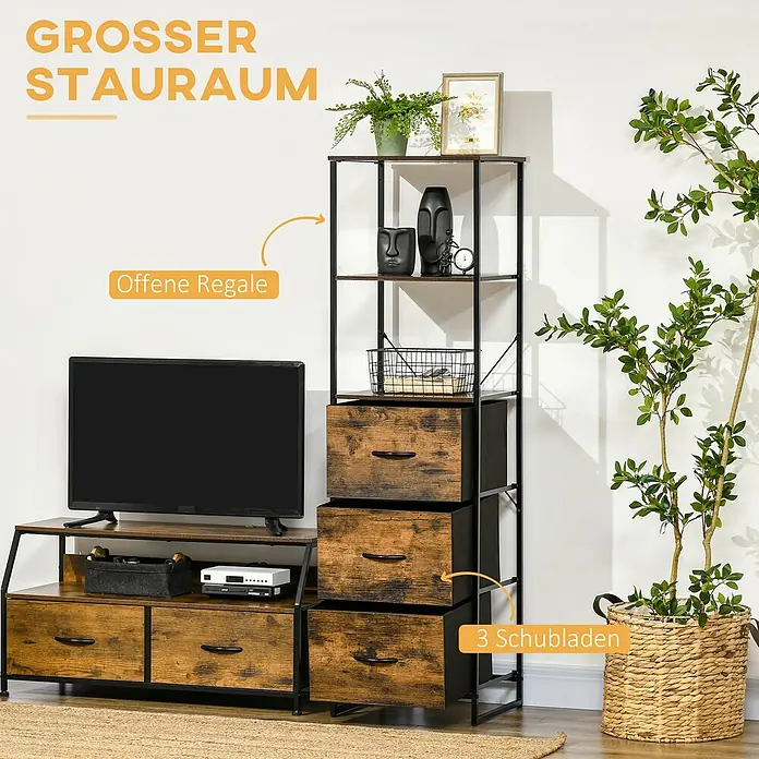 Homcom Kommode 1-teilig - L x B x H: 44 x 40 x 155 cm, Rustikalbraun, Anzahl Schubladen: 3 Stk. - Industrieller TV-Schrank und hohes Regal aus dunkelbraunem Holz mit Schubladen für Wohnzimmer.
