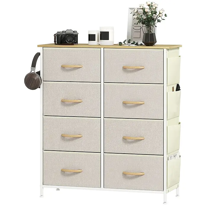 Homcom Kommode 1-teilig - L x B x H: 86 x 30 x 94,5 cm, Beige+Weiß+Naturholz, Anzahl Schubladen: 8 Stk. - Heller beiger Stoffkommode mit 8 Schubladen, Holzplatte und Seitentaschen auf weißem Gestell.